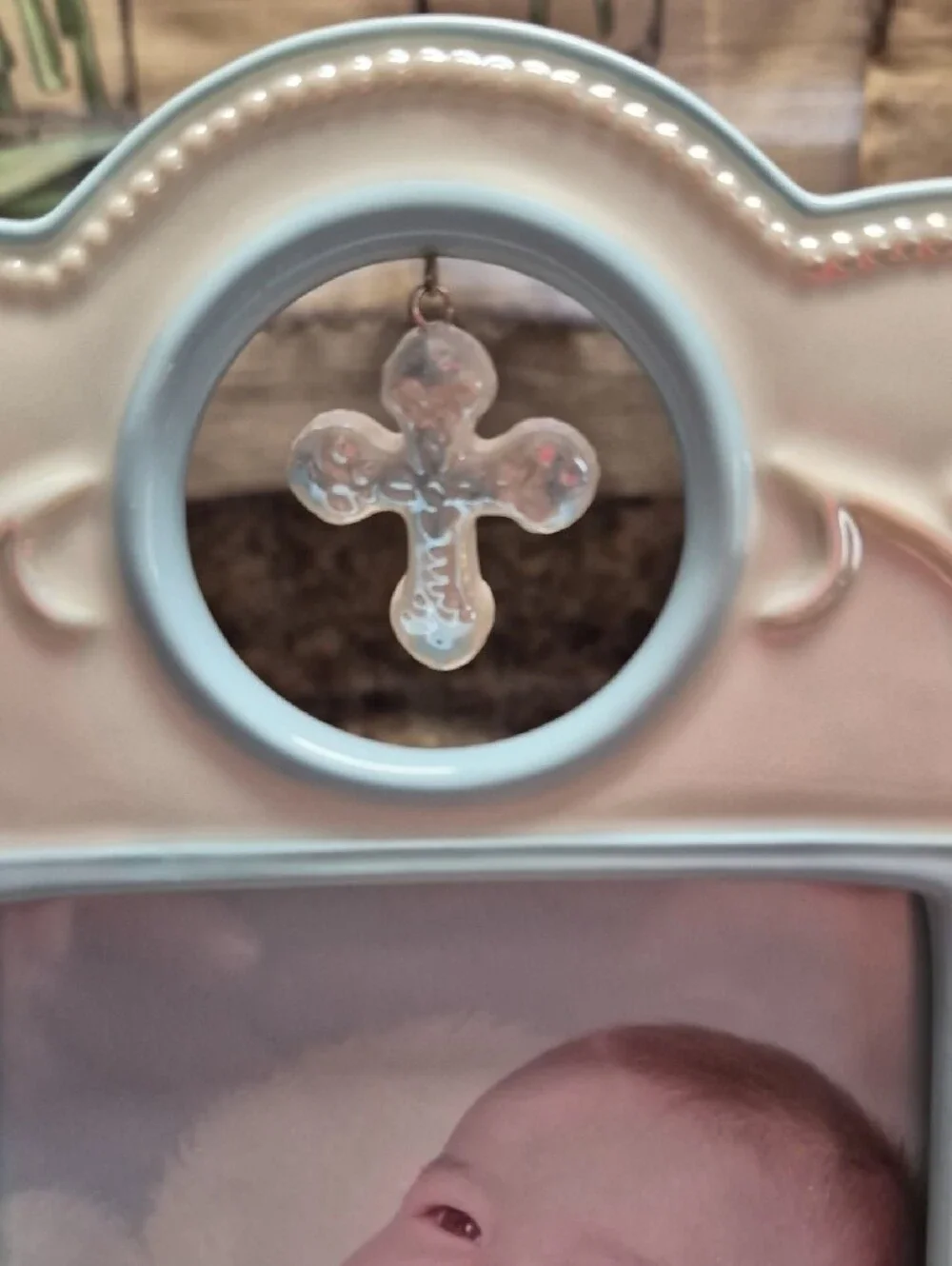 New. Demdaco Ivory Baby Baptism Frame with Cross Accent